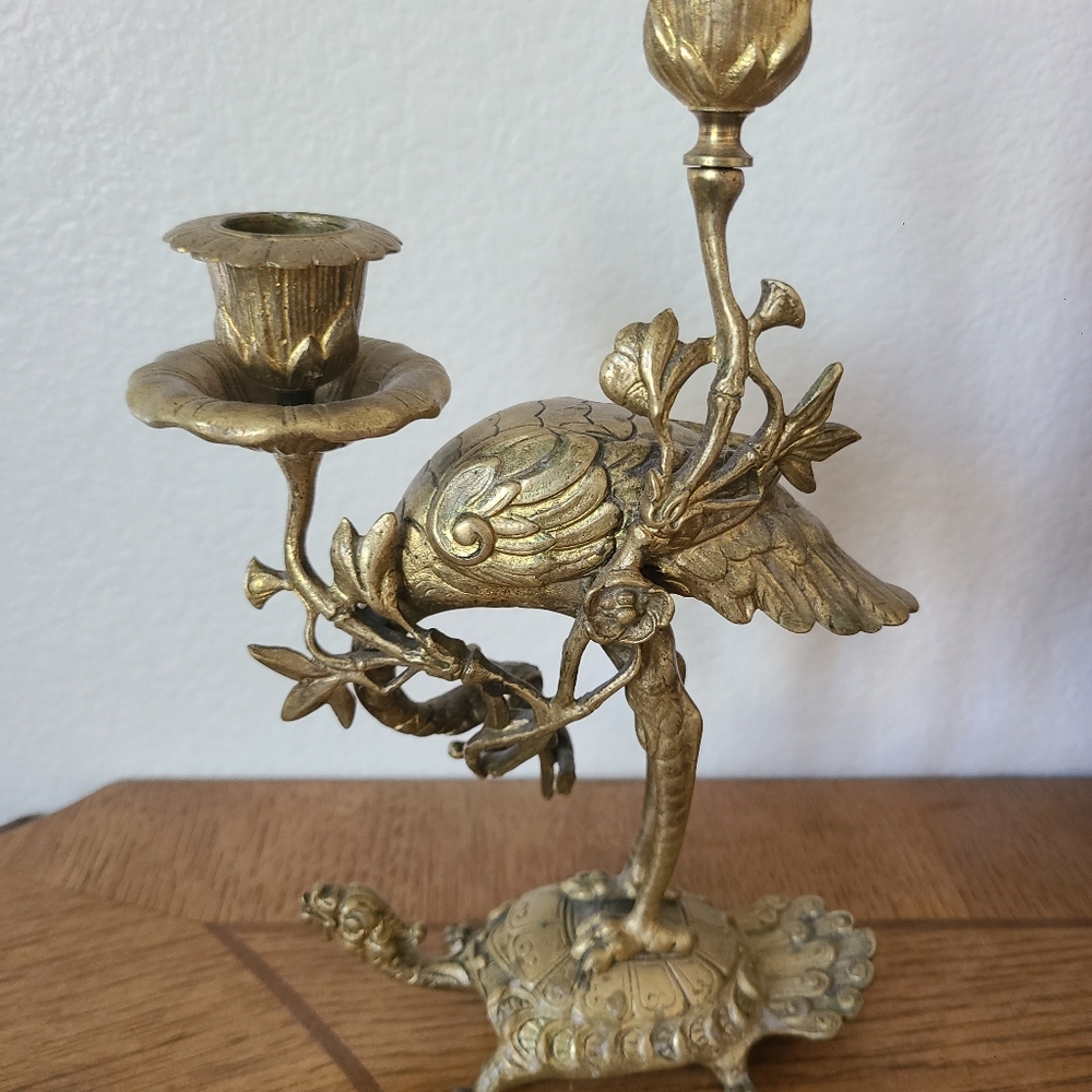 Japanese Gilt Bronze Crane on Dragon Turtle Candlesticks 19th Century - Antique - Picture 6 of 7